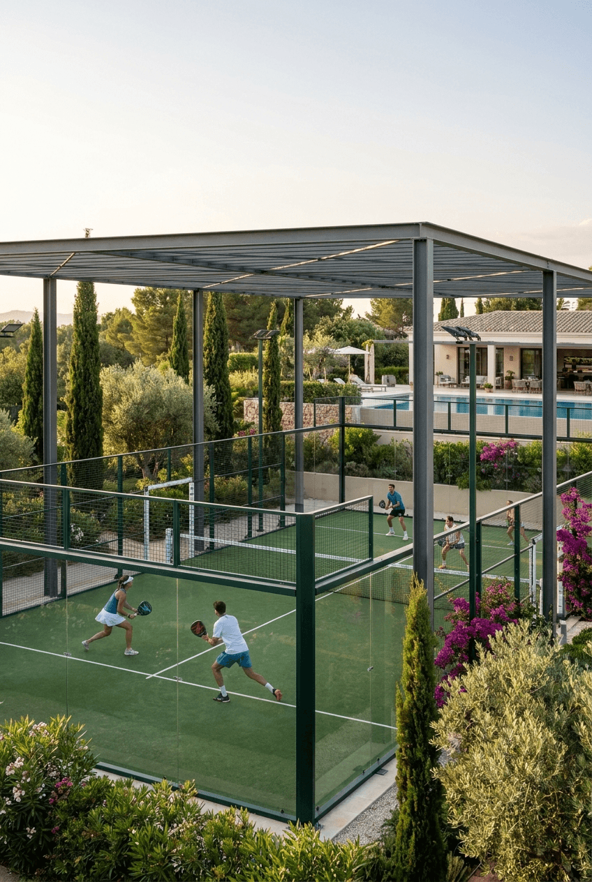Players on an outdoor padel court at a luxury club